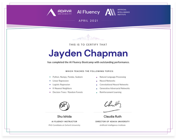 Adava program certificate of completion